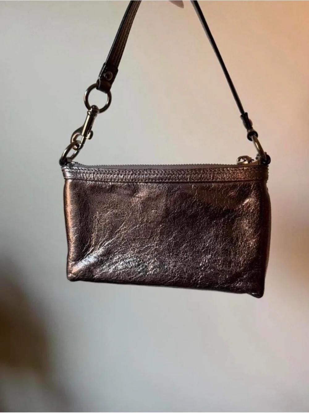 coach metallic silver leather mini bag